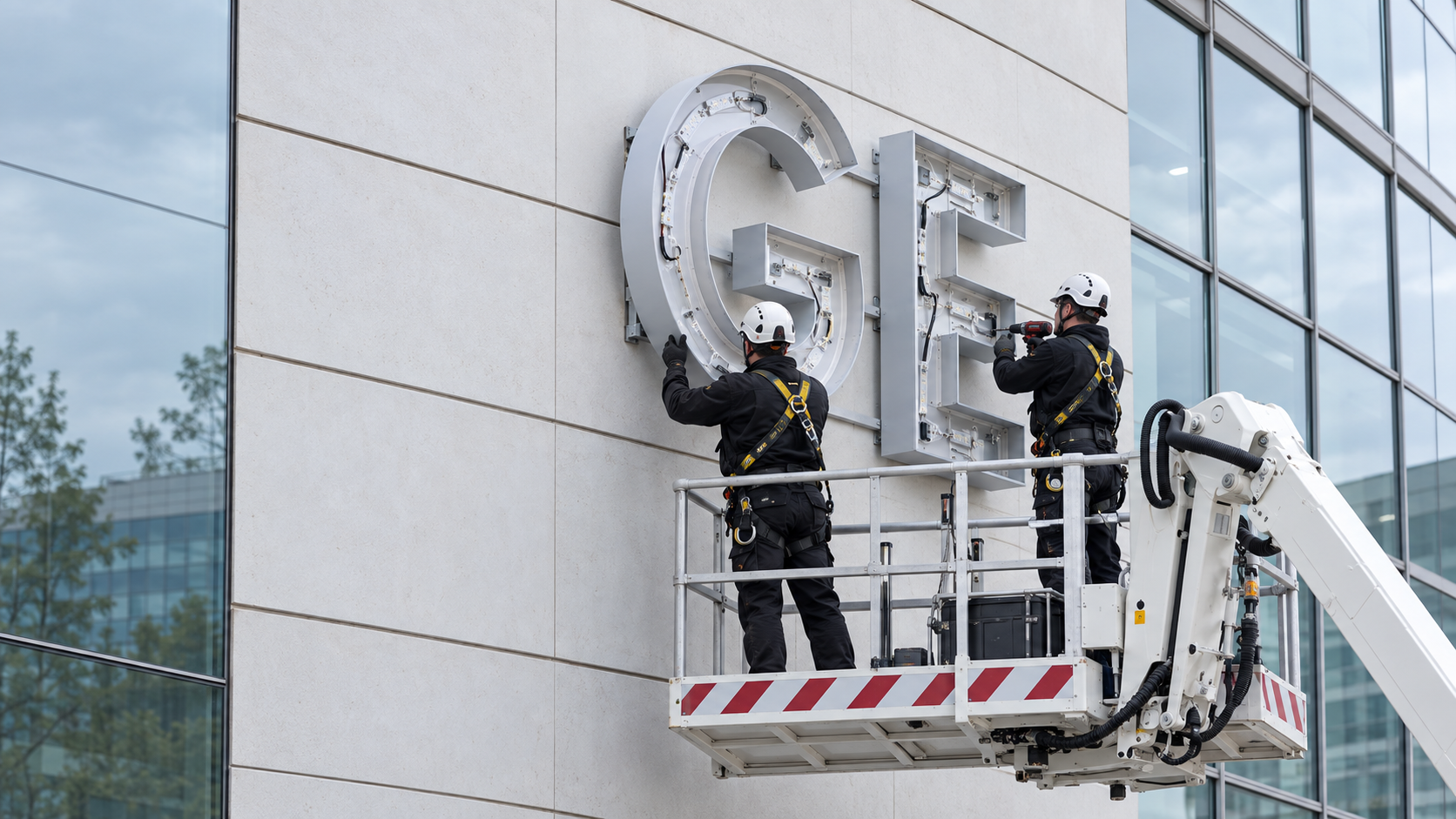 Professional installers mounting illuminated signage on a commercial façade